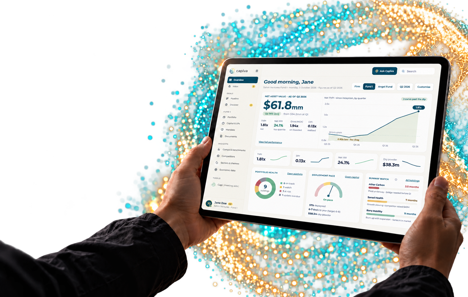 Capiva dashboard shown on a tablet held in two hands